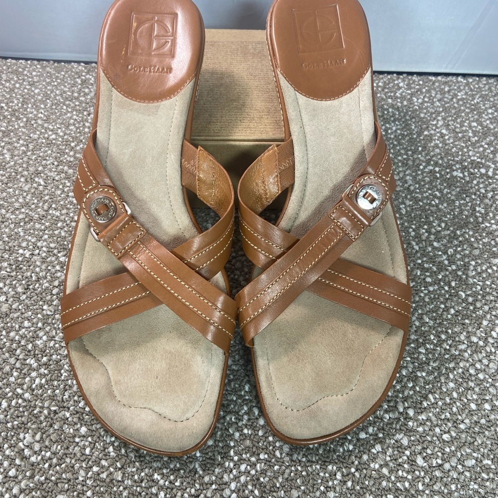 Cole Haan Tan Leather Slip-On Crisscross Strap, Heel soles states (Nike Air).